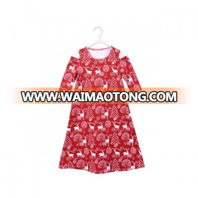 Hot Selling Girls Boutique Dress, Christmas Printing Open Shoulder Knee Length Dress