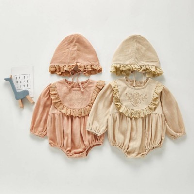 New Arrival Kids Clothes Infant Baby Girls Rompers Embroidery Long Sleeve Linen Cotton Hat Jumpsuit Full Bsci Spring Support